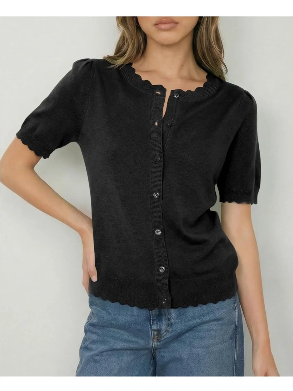 NWT Saodimallsu Scallop Hem Knit Button Down Knit Short Sleeve Cardigan Top